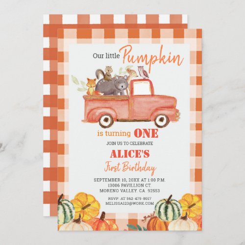 Fall Pumpkin Red Truck Watercolor birthday Invitation