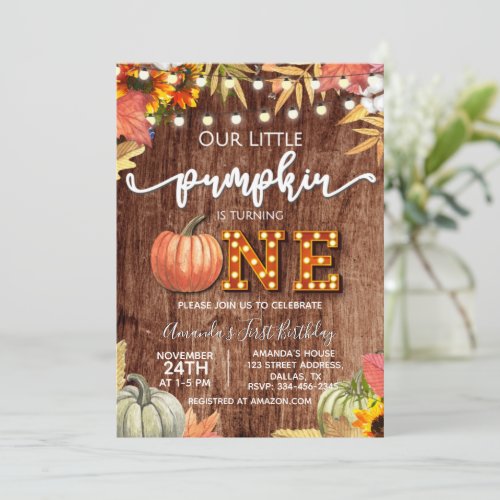Fall Pumpkin Rustic First Birthday Invitation