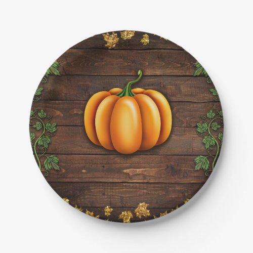 Fall Pumpkin Rustic Green Gold Ivy Autumn Country Paper Plates