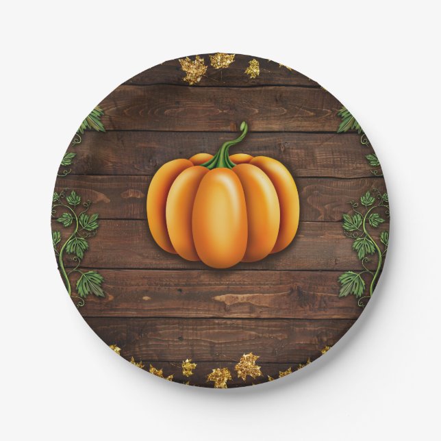 Fall Pumpkin Rustic Green Gold Ivy Autumn Country Paper Plates (Front)