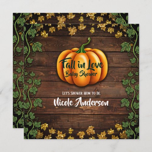 Fall Pumpkin Rustic Green Gold Ivy Baby Shower Invitation