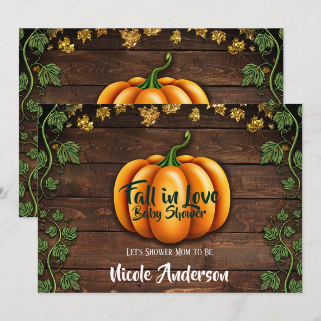 Fall Pumpkin Rustic Green Gold Ivy Baby Shower Invitation (Front/Back)