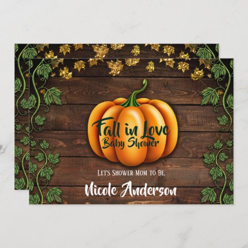 Fall Pumpkin Rustic Green Gold Ivy Baby Shower Invitation