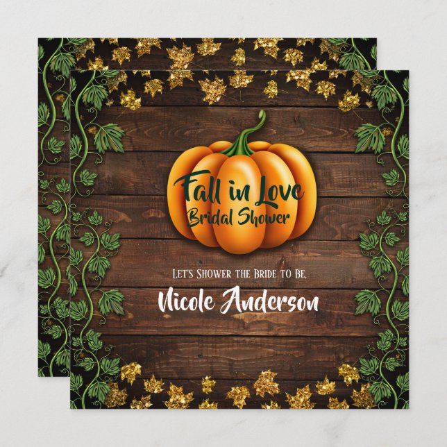 Fall Pumpkin Rustic Green Gold Ivy Bridal Shower Invitation (Front/Back)