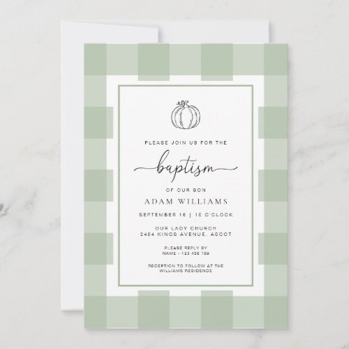 Fall Pumpkin Sage Green Gingham Baptism Invitation