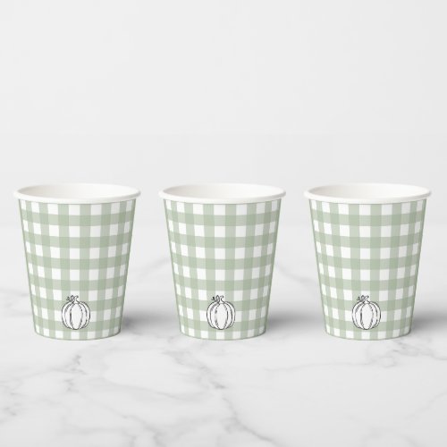 Fall Pumpkin Sage Green Gingham Paper Cups