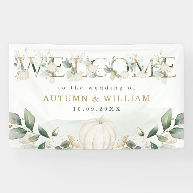 Fall Pumpkin Sage Greenery Gold Wedding Welcome Banner (Horizontal)