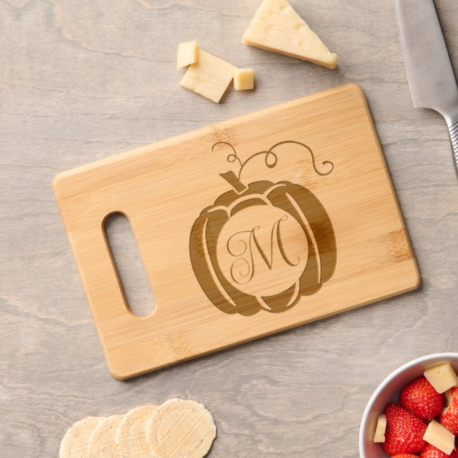 Fall Pumpkin Script Monogram Engraved Cutting Board (Cheese)