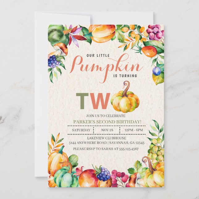 Fall Pumpkin Second Birthday Invitation (Front)