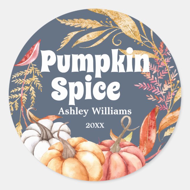 Fall Pumpkin Spice Autumn Dark Blue Classic Round Sticker (Front)