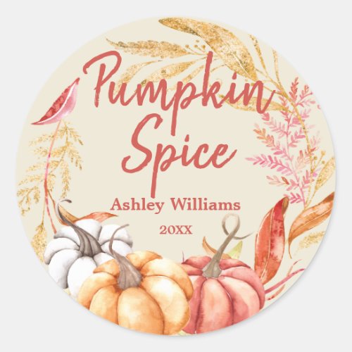 Fall Pumpkin Spice Gold Foliage Antique White Classic Round Sticker