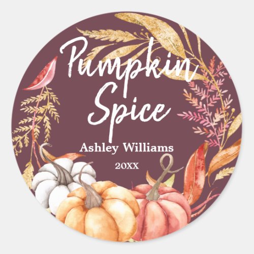 Fall Pumpkin Spice Gold Foliage Burgundy Classic Round Sticker