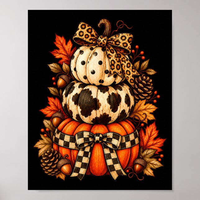 Fall pumpkin stack leopard bow checkered autumn poster (Front)