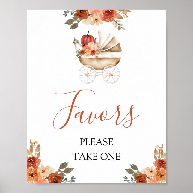 Fall Pumpkin Stroller Floral Baby Shower Favors Poster (Front)