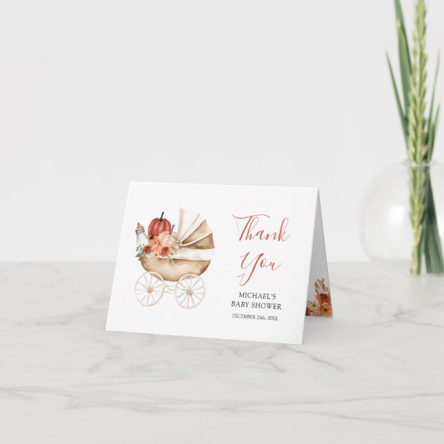 Fall Pumpkin Stroller Floral Baby Shower Folded Thank You Card (Front)