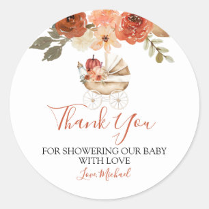 Fall Pumpkin Stroller Floral Baby Shower Thank You Classic Round Sticker