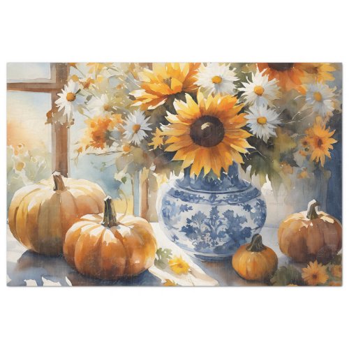 Fall Pumpkin Sunflower Floral Blue White Decoupage Tissue Paper