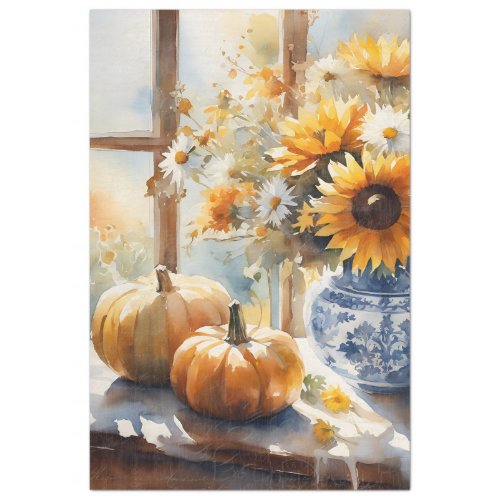 Fall Pumpkin Sunflower Floral Blue White Decoupage Tissue Paper