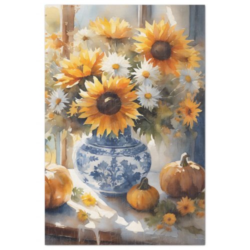 Fall Pumpkin Sunflower Floral Blue White Decoupage Tissue Paper