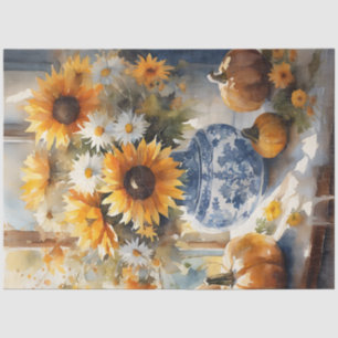 Fall Pumpkin Sunflower Floral Blue White Decoupage Tissue Paper