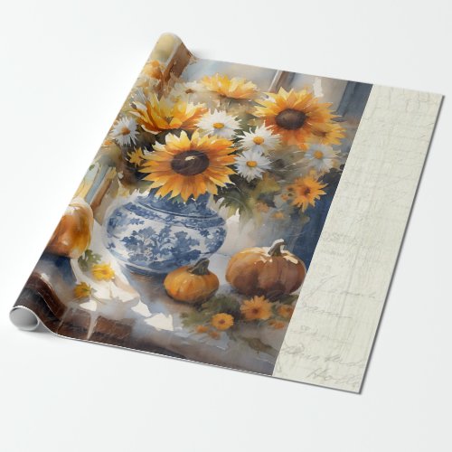 Fall Pumpkin Sunflower Floral Blue White Decoupage Wrapping Paper