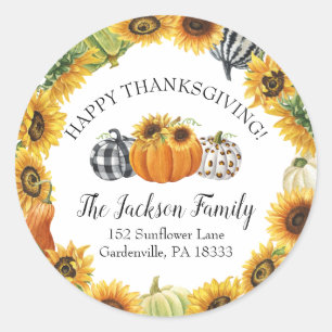 Fall Pumpkin Sunflower Happy Thanksgiving Address Classic Round Sticker