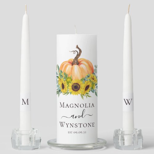 Fall Pumpkin Sunflower Monogram Wedding Unity Candle Set