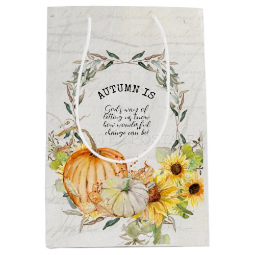 Fall Pumpkin Sunflower Watercolor Floral Decoupage Medium Gift Bag