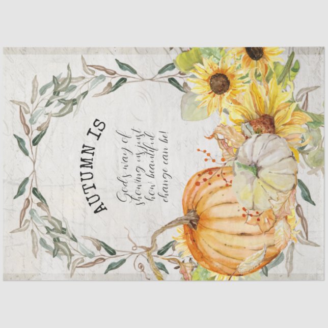 Fall Pumpkin Sunflower Watercolor Floral Decoupage Tissue Paper (Front)
