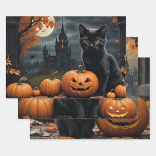 Fall Pumpkin Sweet Black kitten decoupage  Wrapping Paper Sheets
