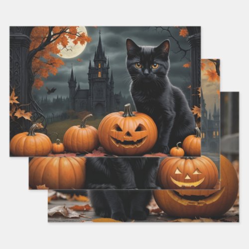 Fall Pumpkin Sweet Black kitten decoupage  Wrapping Paper Sheets