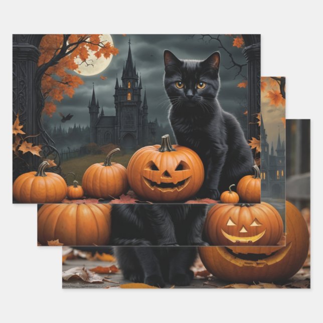 Fall Pumpkin Sweet Black kitten decoupage  Wrapping Paper Sheets (Set)