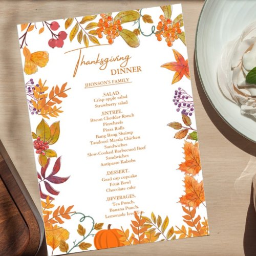 Fall Pumpkin Thanksgiving Dinner Menu