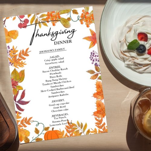 Fall Pumpkin  Thanksgiving  dinner Menu