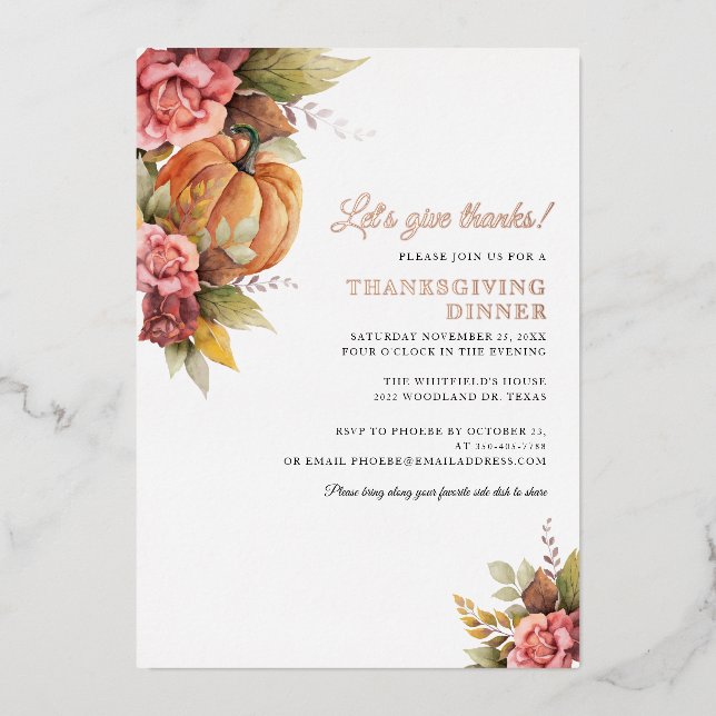 Fall Pumpkin Thanksgiving Invitation Rose Gold Foil Invitation (Front)