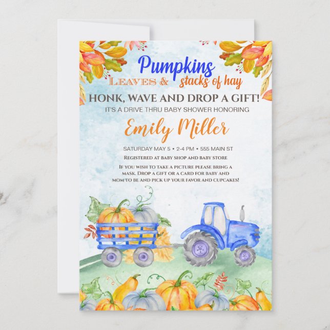 Fall pumpkin tractor blue baby shower invitation (Front)