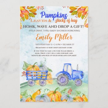 Fall Pumpkin Tractor Blue Baby Shower Invitation by pinkthecatdesign at Zazzle