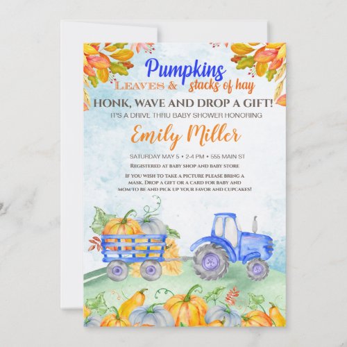 Fall pumpkin tractor blue baby shower invitation