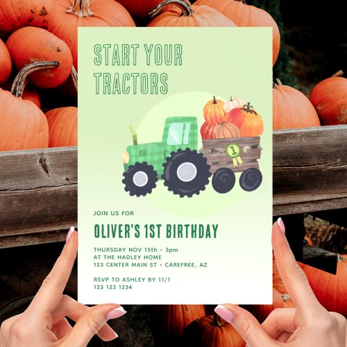 Fall Pumpkin Tractor Boy 1st Birthday Invitation