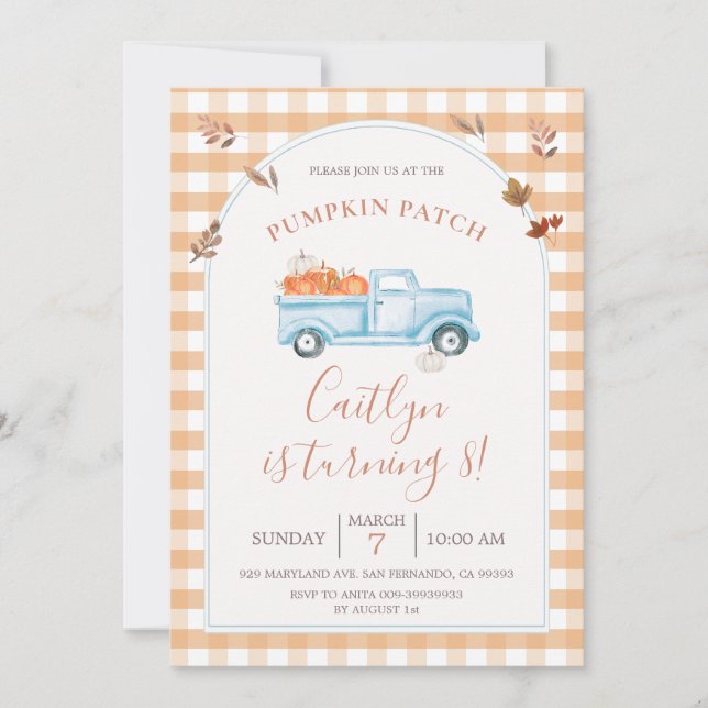 Fall Pumpkin Truck Patch 8th Birthday Party Invitation (Front)