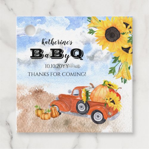 Fall Pumpkin Truck  Sunflowers Baby BBQ Shower  Favor Tags