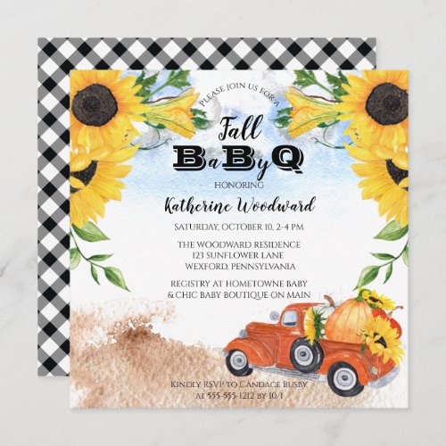 Fall Pumpkin Truck  Sunflowers Baby BBQ Shower In Invitation