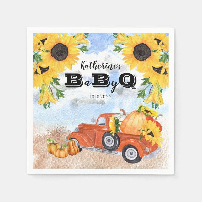 Fall Pumpkin Truck | Sunflowers Baby BBQ Shower Napkins (Front)