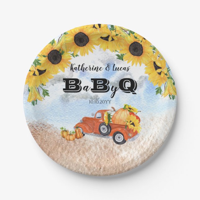 Fall Pumpkin Truck | Sunflowers Baby BBQ Shower Paper Plates (Front)
