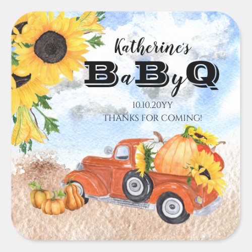 Fall Pumpkin Truck  Sunflowers Baby BBQ Shower Sq Square Sticker