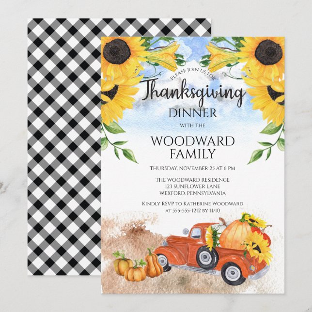 Fall Pumpkin Truck| Sunflowers Thanksgiving Dinner Invitation (Front/Back)