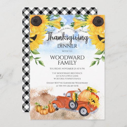 Fall Pumpkin Truck Sunflowers Thanksgiving Dinner Invitation