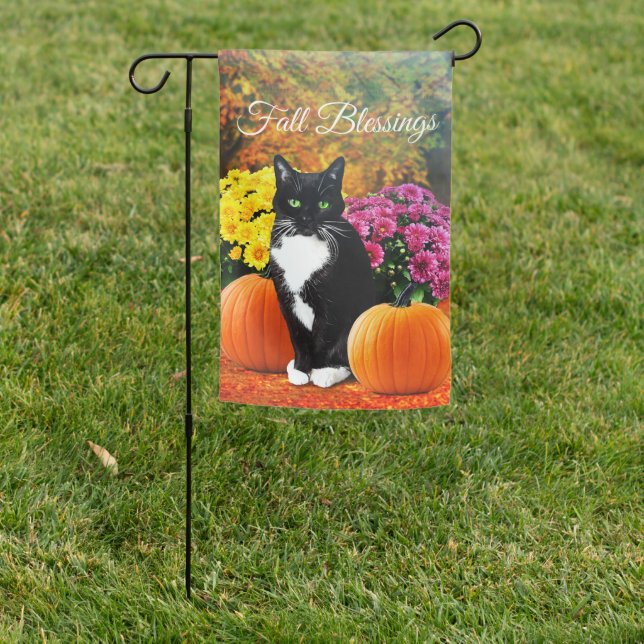 Fall Pumpkin Tuxedo Cat Garden Flag (In SItu)