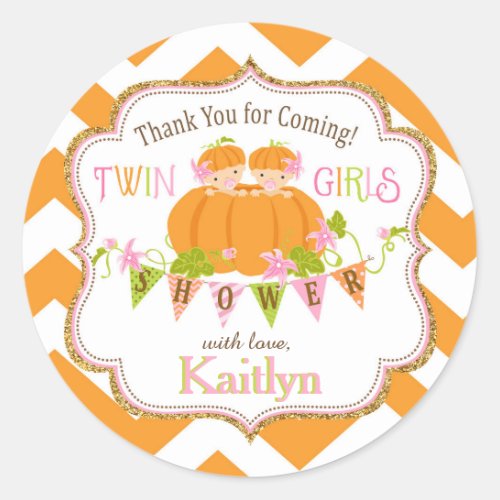 Fall Pumpkin Twin Girls Gold Glitter Baby Shower Classic Round Sticker
