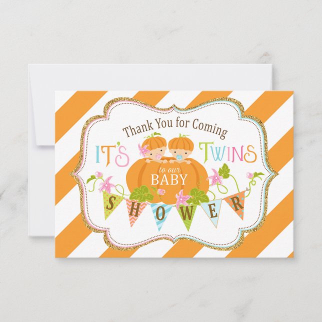 Fall Pumpkin Twins Gold Glitter Thank You Card (Front)
